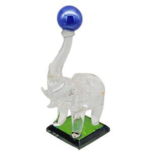 Glass Circus Elephant Figurine Balancing Blue Ball On An Iridescent Square Base